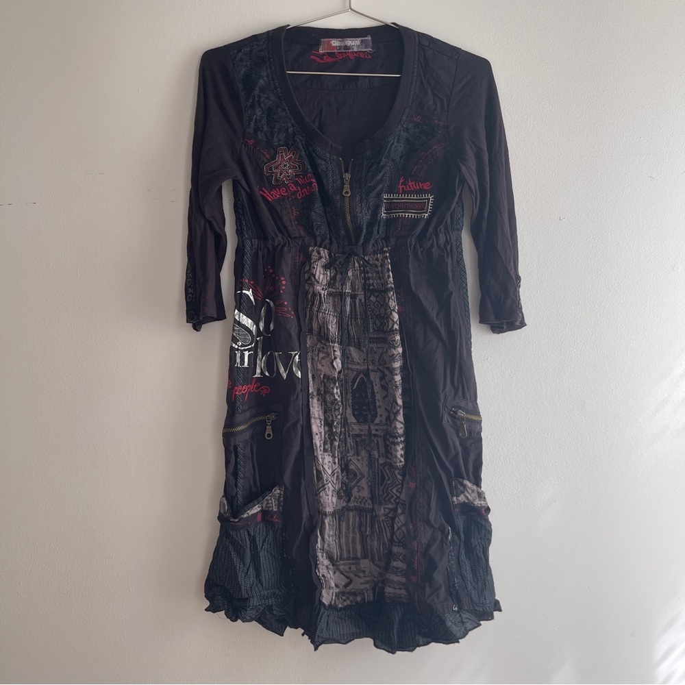 Black, Red, and Silver Patchwork Babydoll Graphic Zip up Dress with pockets